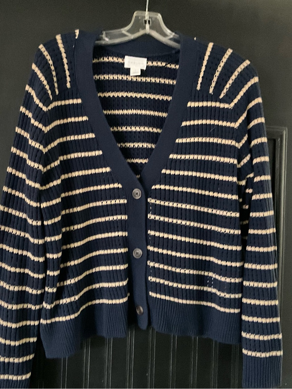 V-Neck Striped Button Cardigan - Navy and Cream